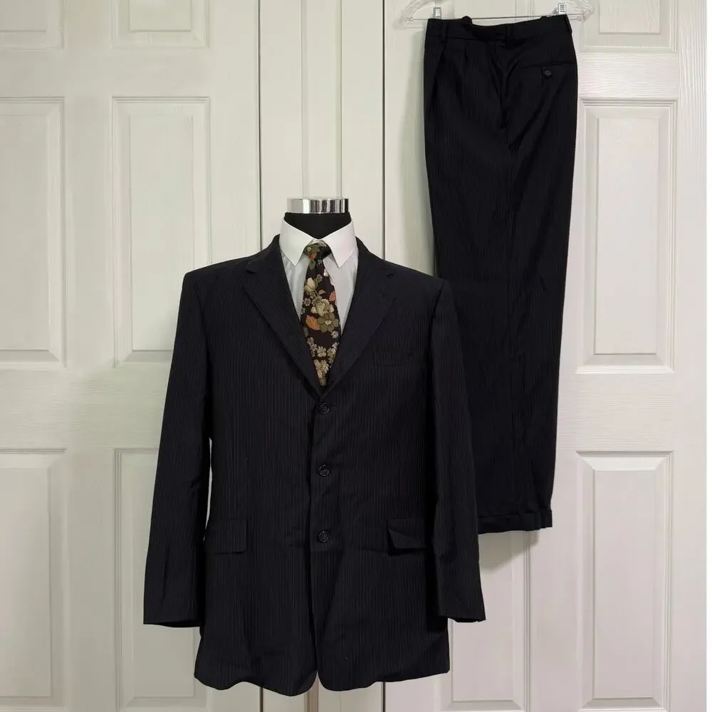 Hart Schaffner&Marx Men's Wool Pinstriped 2Piece Suit Set Size 44R PantsWaist 38